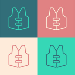Obraz premium Pop art line Life jacket icon isolated on color background. Life vest icon. Extreme sport. Sport equipment. Vector