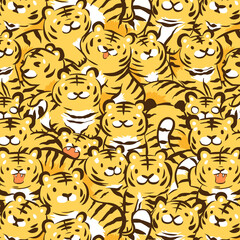 Pattern with cute tiger characters on orange background.