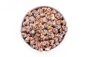 Bowl of candied peanuts.