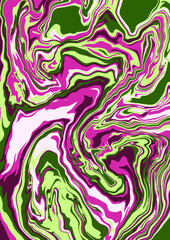 Fluid art texture. Abstract background with swirling paint effect. Liquid acrylic picture that flows and splashes. Mixed paints for interior poster. Green, pink and beige overflowing colors