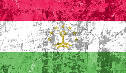 Tajikistan flag on old paint on wall. 3D image