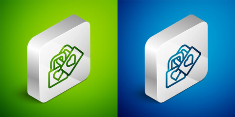 Isometric line Lock with heart icon isolated on green and blue background. Locked Heart. Love symbol and keyhole sign. Valentines day symbol. Silver square button. Vector