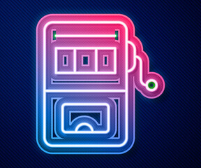 Glowing neon line Slot machine icon isolated on blue background. Vector