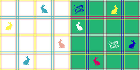 Checkered seamless pattern. Easter rabbites silhouette. Fabric design, tablecloths, towels. Vector illustration.