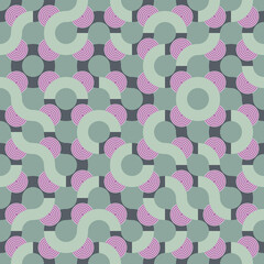 Colorful spring Truchet seamless vector pattern with random tiled wavy shapes and concentric circles. Modern illustration for prints, home decor, fashion fabric and carpet design.