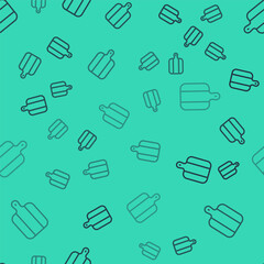 Black line Cutting board icon isolated seamless pattern on green background. Chopping Board symbol. Vector
