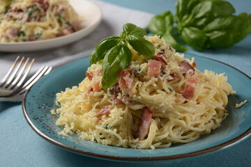 Spaghetti alla Carbonara made with bacon, eggs, cheese and black pepper