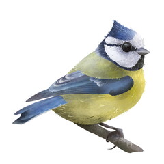 Tiny blue tit bird isolated on white background. Hand drawn bird close up image. Garden, park, forest avian sits on the branch on white background.