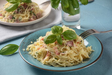 Spaghetti alla Carbonara made with bacon, eggs, cheese and black pepper