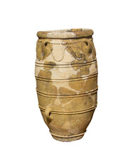 Tall earthenware pot or amphora called Pithos from the Minoan palace at Knossos in Crete isolated on white