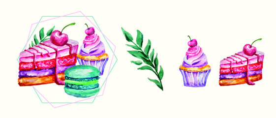 Watercolor desserts, cherry three-layer cheesecake, macaron, cupcakes with cream and cherries with decorations