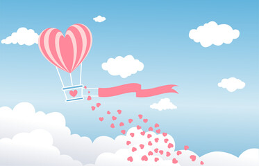Pink heart hot air balloon flying on blue sky and clouds with love basket.valentine background vector illustration.