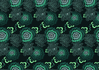 Traditional abstract chrysanthemum and leaves seamless vector pattern in the style of asian and japanese stencil textile prints in green hues.