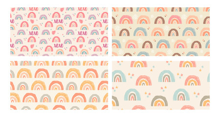 Set of abstract Scandinavian rainbows in cute seamless patterns in doodle style for contemporary trendy surfaces design for children. Colorful vector illustration in pastel tender colors