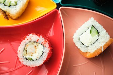 sushi rolls on a color background, minimalism