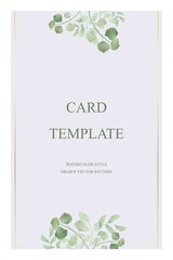 Card and wedding invitation, save date, rsvp, postcard, menu. Green leaves on the branches with greenery and golden lines. An individual electronic invitation with an adjustable text.   Vector