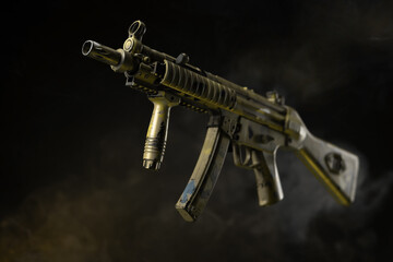 Naklejka premium mp5 submachine gun isolated on a dark background in smoke