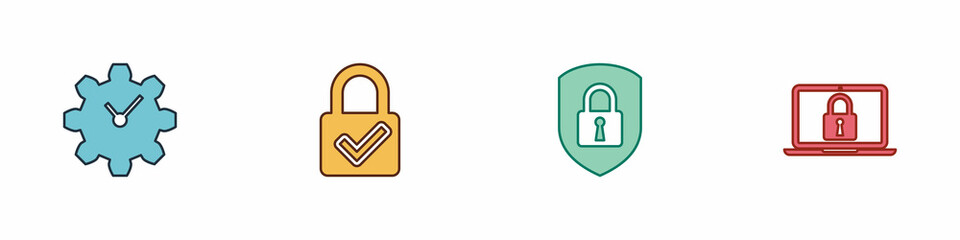 Set Time Management, Lock and check mark, Shield security with lock and Laptop icon. Vector