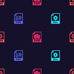 Fototapeta premium Set DLL file document, DOC, RAW and MAX on seamless pattern. Vector