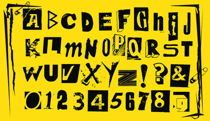 Punk typography vector alphabet and numbers. Type specimen set for grunge font flyers and posters or ransom note style designs. - obrazy, fototapety, plakaty