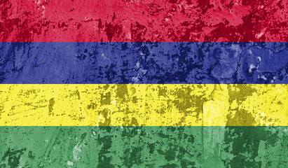 Mauritius flag on old paint on wall. 3D image