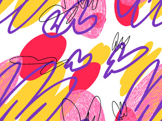 Seamless abstract doodle background pattern in bright summer positive colors. Hand-drawn abstract pattern with randomly arranged spots and dots and lines. Pencil and paint texture.