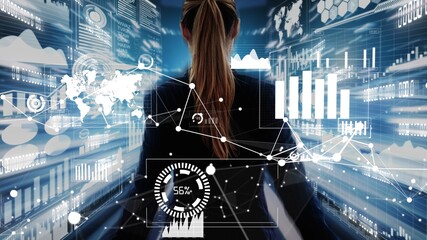 Big Data Technology for Business Finance Analytic conceptual . Modern graphic interface shows massive information of business sale report, profit chart and stock market trends analysis .