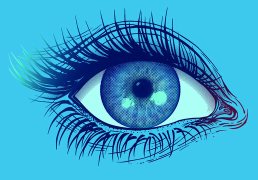 Vector illustration of light blue eye on deep blue background in the style of pop art graphics.