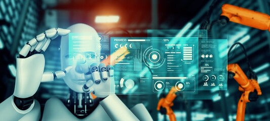 Mechanized industry robot and robotic arms for assembly in factory production . Concept of artificial intelligence for industrial revolution and automation manufacturing process .