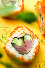 delivery, sushi rolls on a color background, minimalism