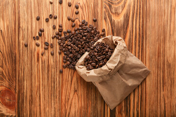 sprinkled coffee in a bag on a wooden table top view