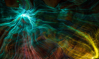 Abstract wave of digital weave lines connecting network dots and dark background . Modern 3D mesh...