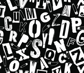 Materiał do szycia Punk vector alphabet white typography specimen seamless pattern for grunge font flyers and posters design on black background.