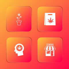 Set Marijuana plant in pot, Shopping bag of marijuana, Head profile with and and cannabis store icon. Vector