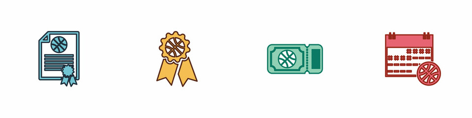Set Certificate basketball award, Basketball, game ticket and on sport calendar icon. Vector