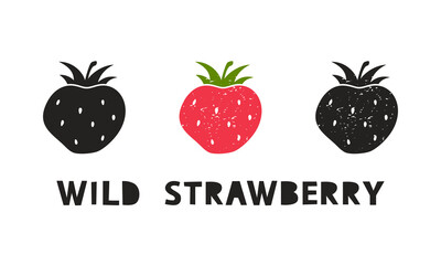 Wild strawberry, silhouette icons set with lettering. Imitation of stamp, print with scuffs. Simple black shape and color vector illustration. Hand drawn isolated elements on white background