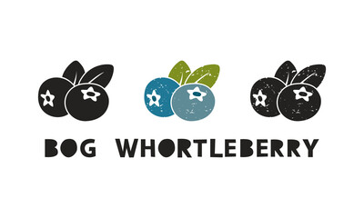 Bog whortleberry, silhouette icons set with lettering. Imitation of stamp, print with scuffs. Simple black shape and color vector illustration. Hand drawn isolated elements on white background