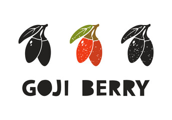 Goji berry, silhouette icons set with lettering. Imitation of stamp, print with scuffs. Simple black shape and color vector illustration. Hand drawn isolated elements on white background - 479204515