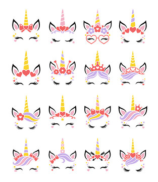 Cute unicorn face vector. Set for Valentines Day. Funny animal with heart, flower wreath, glasses, crown, hair bow,unicorn horn for girls. Magic characters. Illustrations isolated on white background.