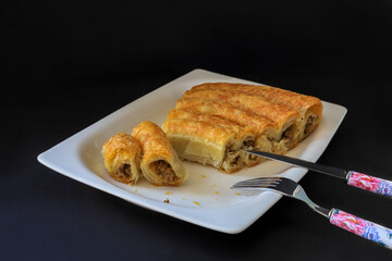 Turkish pastry with minced meat on a white plate. A traditional Turkish pastry, roll pastry. Its local name is Bosnian pastry.