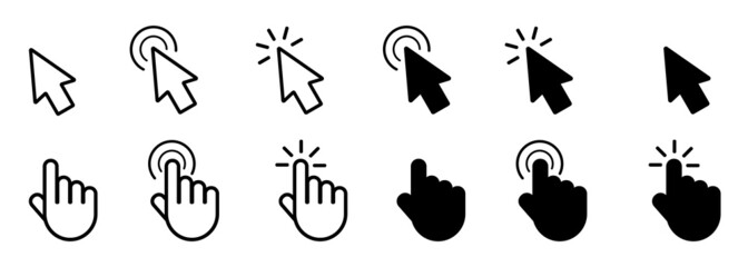 Computer Mouse click cursor. Mouse pointers set.  Black vector icons of arrows and hands. Vector clipart. - obrazy, fototapety, plakaty