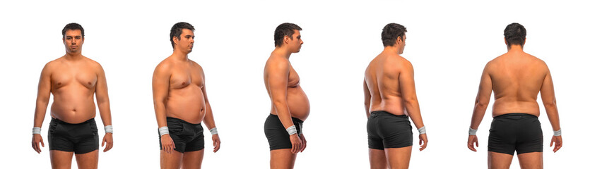 Photo reference pack with anatomy of fat man want to lose weight and become a slim athlete. Front,...