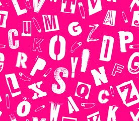 Punk vector alphabet typography specimen seamless pattern for grunge font flyers and posters design in white on pink colored background.