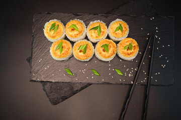 sushi rolls on a color background, minimalism