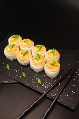 sushi rolls on a color background, minimalism