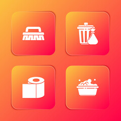 Set Brush for cleaning, Trash can and garbage bag, Toilet paper roll and Plastic basin with soap suds icon. Vector