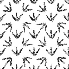 Fototapeta premium Vector floral seamless simple pattern with fern bushes in black monochrome color on white background. For textile prints or wrapping paper, for summer, spring or jungle concepts.