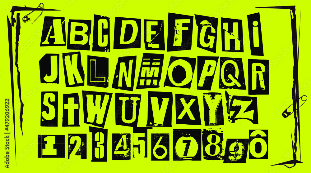 Fototapete punk typography vector alphabet and numbers. type specimen set for grunge font flyers and posters or
