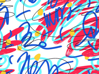 Seamless abstract doodle background pattern in bright summer positive colors. Hand-drawn abstract pattern with randomly arranged spots and dots and lines. Pencil and paint texture.