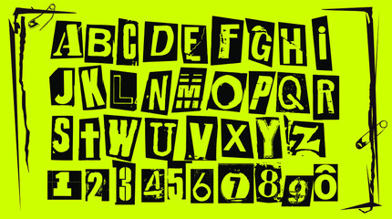 Punk typography vector alphabet and numbers. Type specimen set for grunge font flyers and posters or ransom note style designs. - obrazy, fototapety, plakaty
